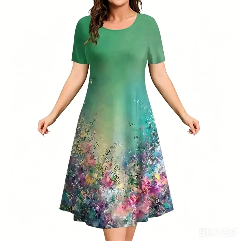 2026 New Women Dresses 3D Flowers Pattern Print Short Sleeve Loose Dress Casual Fashion A-Line Dress Summer Plus Size Dresses