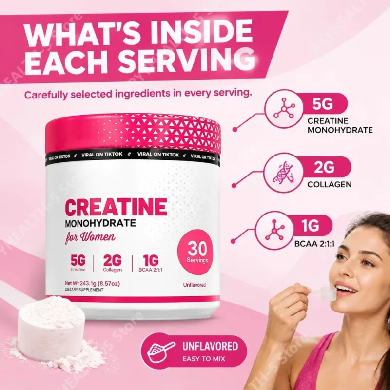 Serbuk Creatine Monohydrate dengan Kolagen Terhidrolisis Menyokong Prestasi Latihan Pemulihan Otot & Tahap Tenaga Tanpa Gula 240g