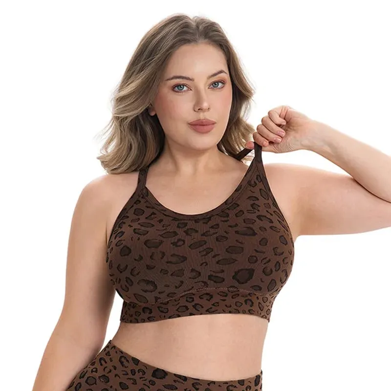 Women Plus Size Leopard Print Workout Set High Waist Tummy Control Shorts Padded Racerback Sports Bra 2PCS Gym Yoga Running Wear