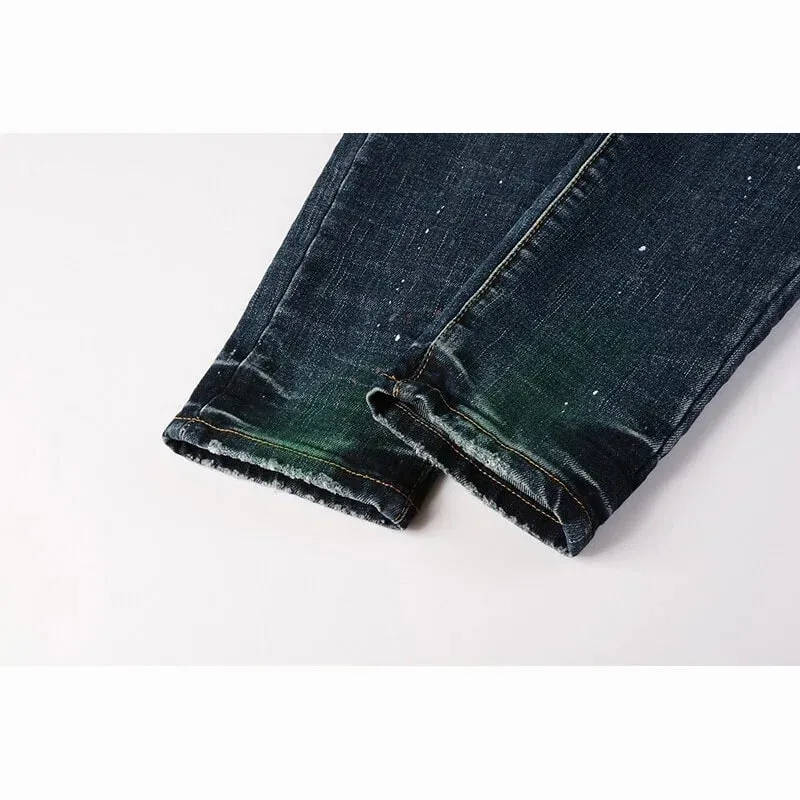 Calça jeans rasgada masculina, slim, vintage, desgastada, azul gradiente, verde, vermelho, respingos de tinta, botão fly high street, moda jeans