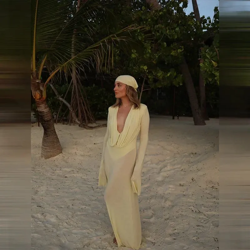 Luxury See Through Mesh Bodycon Maxi Dress For Women Lady Long Flared Cuff Deep V Neck Pleated Beach Holiday Evening Party Gown — image 5