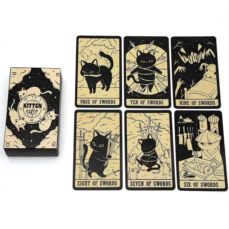 Kitten Tarot Cards 78PCS Black Cat Deck Oracle Divination Witchcraft Cute Animal Tarot For Beginners Spirituality Board Game Gif