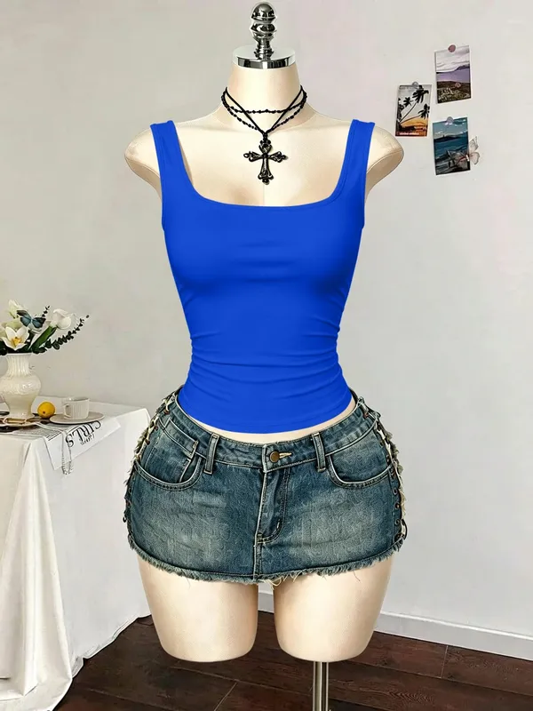 Women Square Neck Wide Strap Ribbed Tank Top Sleeveless Fitted Slim Casual Cami Top