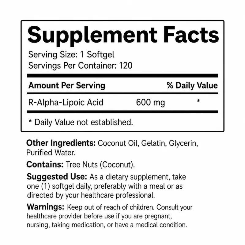 R-Alpha Lipoic Acid Softgels 600 mg Per Serving 120 Count Made with Coconut Oil Convenient Daily Wellness Nutritional Support — image 4