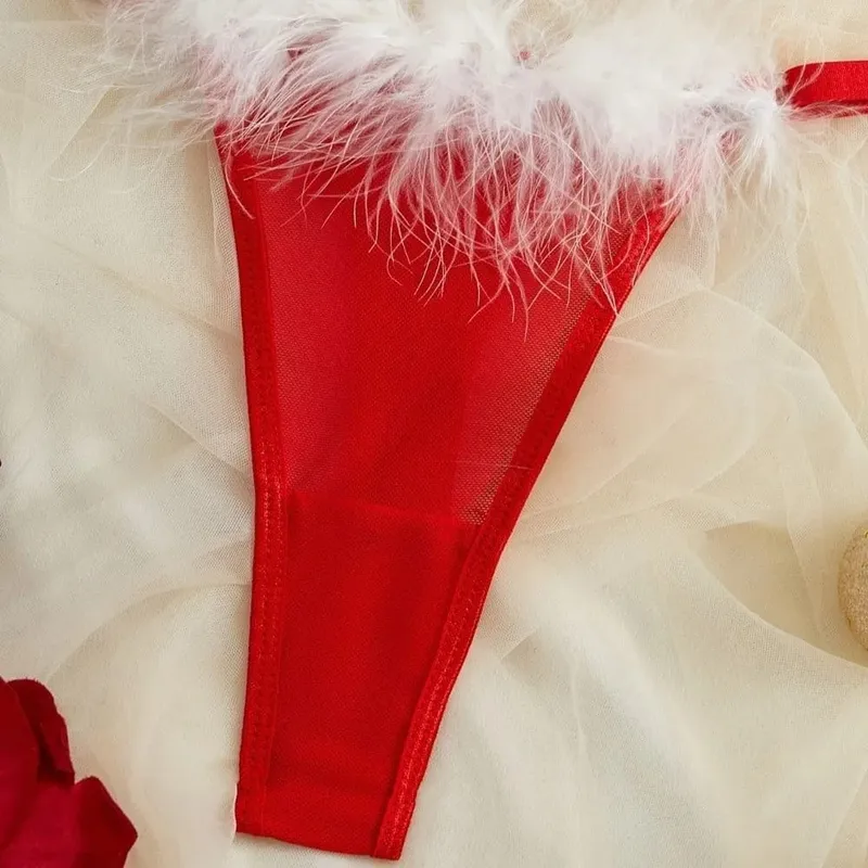 Christmas Furry Women's Underwear Wireless Mesh Transparent Lingerie Set Bow Decor Romantic Intimate Bra Panties Suit Christmas