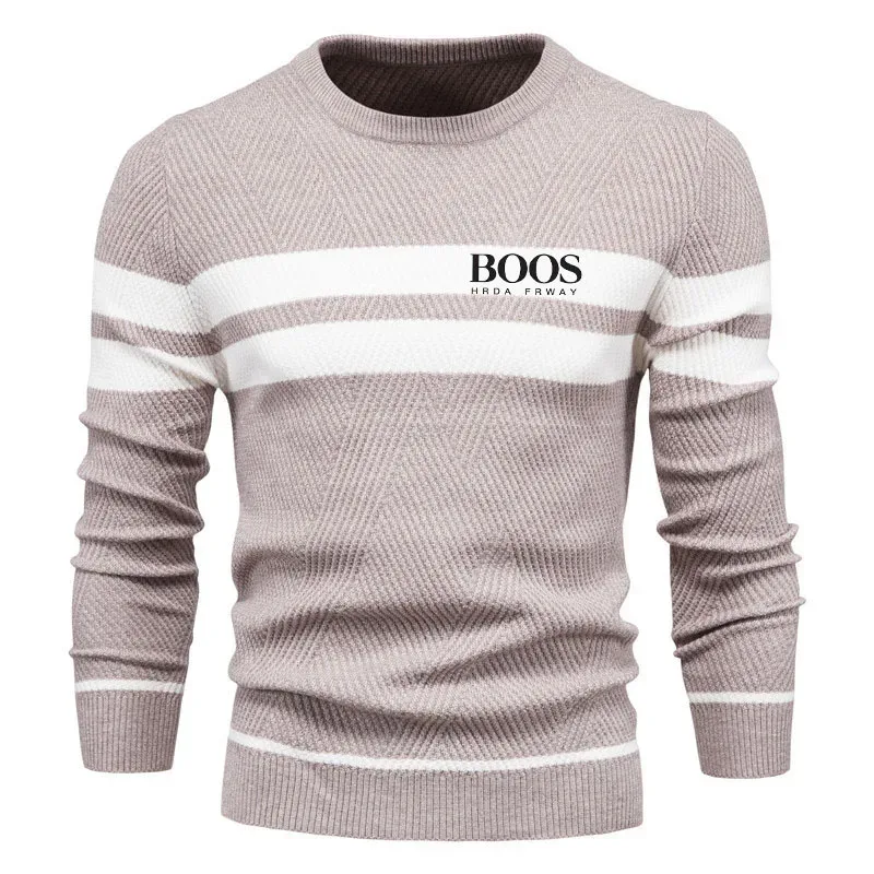 Embroidered Mens Boys Winter Stripe Sweater Thick Warm Pullovers Men's O-neck Basic Casual Slim Comfortable Sweaters