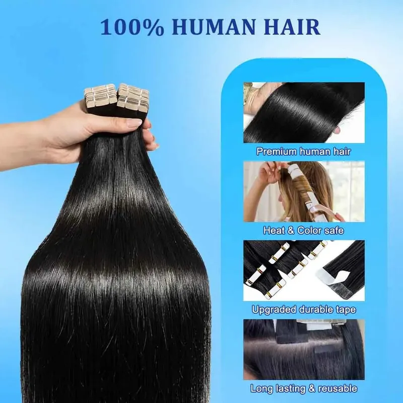 16-24 Inch 16A Tape In Hair Extensions Invisible Seamless Real Human Hair Brazilian Natural Black Remy Straight Hair 100% Human Hair For Women — image 6