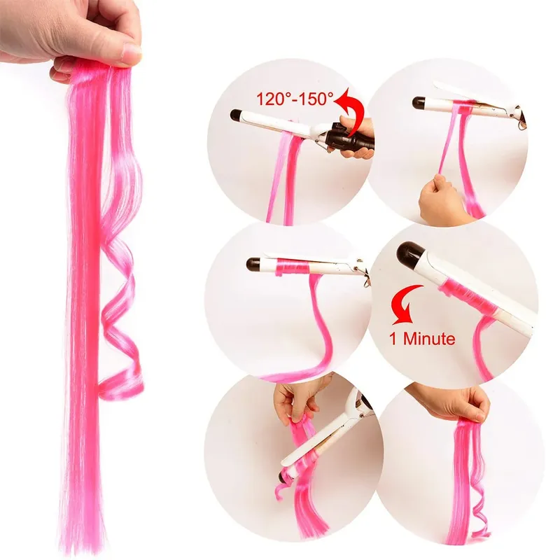 22Inch 10Pcs Colored Highlight Synthetic Hair Extensions Pink Straight Hairpieces for Women Kids Girls Party Cosplay — image 4