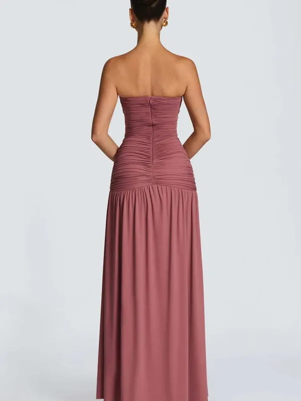 Women Elegant Deep V-neck Pleated Strapless Dress Chic Off-shoulder Backless Split Maxi Dresses 2026 Lady Evening Party Vestidos — image 6