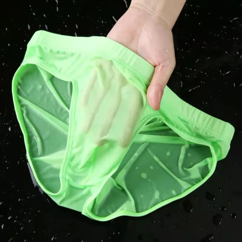 Cuecas masculinas sexy transparente de seda gelo, roupa íntima de secagem rápida em u convexa, cueca respirável de cintura baixa, resfriamento de verão — image 12