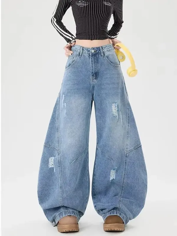 Retro-Style Curved-Leg Jeans Unisex Relaxed Fit Patchwork Soft Durable Women Men Versatile Washed Wide-Leg Pants — image 1