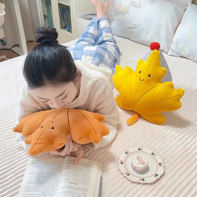 Smiling Face Maple Ginkgo Leaf Plush Pillow Stuffed Kawaii Plant Cushion Sofa Chair Decoration Gift — image 4