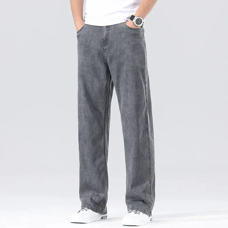 Men's Loose Jeans Summer Fashion Drape Soft Fabric Ultra Thin Pants Wide Legs Ice Silk Lyocell Business Straight Denim Trousers — image 6