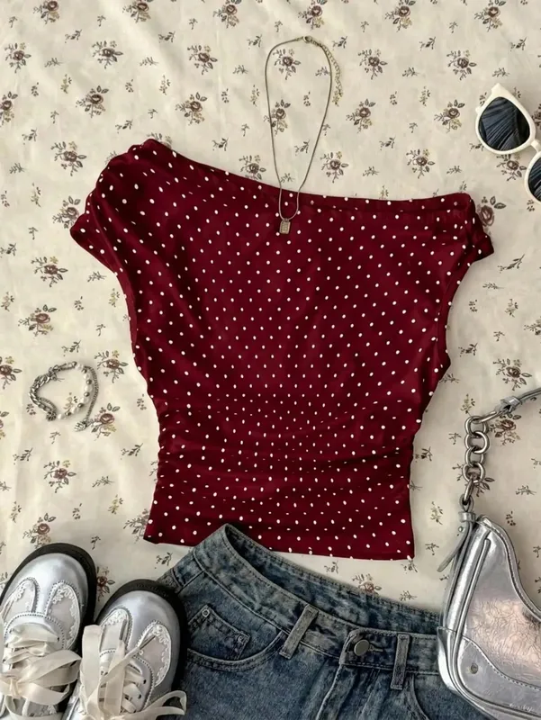 Women One Shoulder Cap Sleeve Side Ruched Slim Fit Cropped T Shirt 2026 Summer Goth Streetwear Solid Black Off Shoulder Going Ou