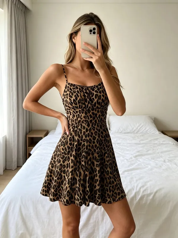 Women's Leopard Print Spaghetti Strap Backless Ruched Mini Dress Street Fashion for Party Night Ou