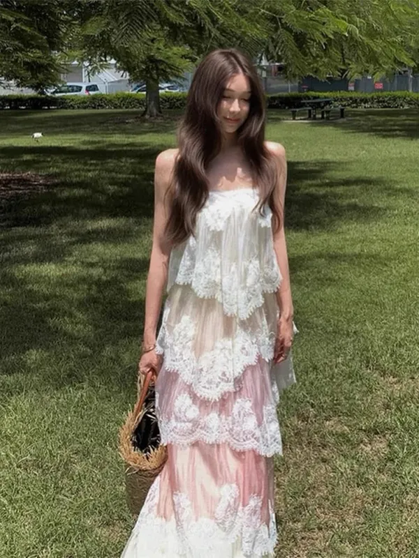Chic Lace Patchwork Layered Sling Dress Women Sleeveless A-line Long Dresses Female Sweet Elegant Summer Party Lady Vestidos