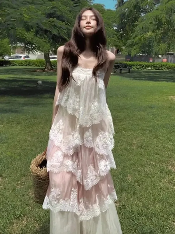 Chic Lace Patchwork Layered Sling Dress Women Sleeveless A-line Long Dresses Female Sweet Elegant Summer Party Lady Vestidos