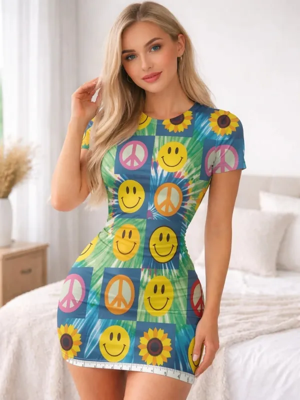 Womens Short Sleeve Bodycon Mini Dress Slim Fit Crew Neck Floral Print Casual Summer Party Cute Casual Holiday Clubwear Sundress — image 14