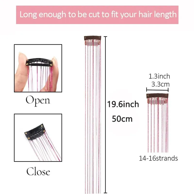 6Pcs 50cm Sparking Shiny Hair Tinsel Hair Extensions Tinsel Synthetic Hair Clip Extensions Women for Braiding Headdress — image 5