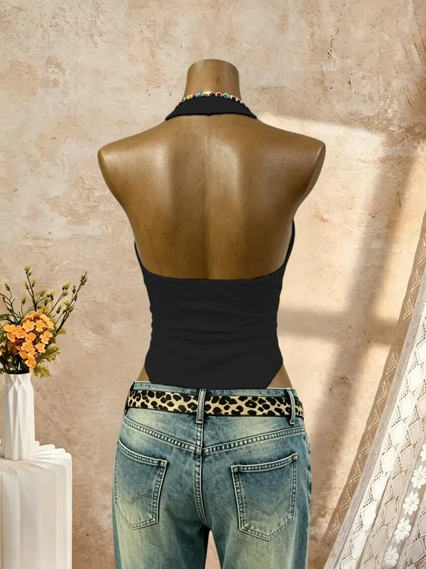 Women Halter Deep V Neck Ruched Slim Fit High Cut Bodysuit 2026 Summer Y2K Streetwear Sleeveless Tank Top — image 2