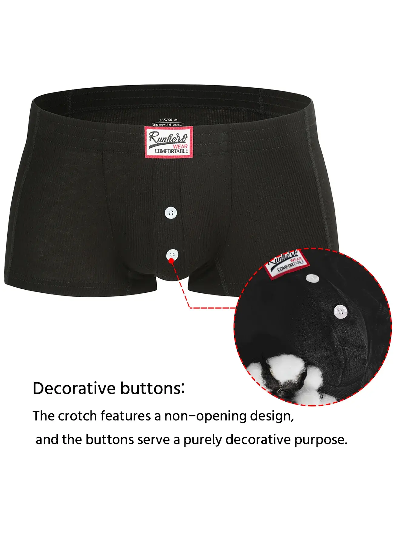 Men's Flat Underwear, Made of Synthetic Viscose, High Elasticity, Raised, Button Decoration, Comfortable Slim Fit Solid Color
