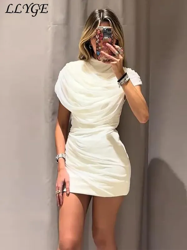 Elegant Mesh Shawl Short Dress Women Pleated Half High Collar Sleeveless Female Dresses 2026 Spring Lady Chic Party Gowns New — image 1