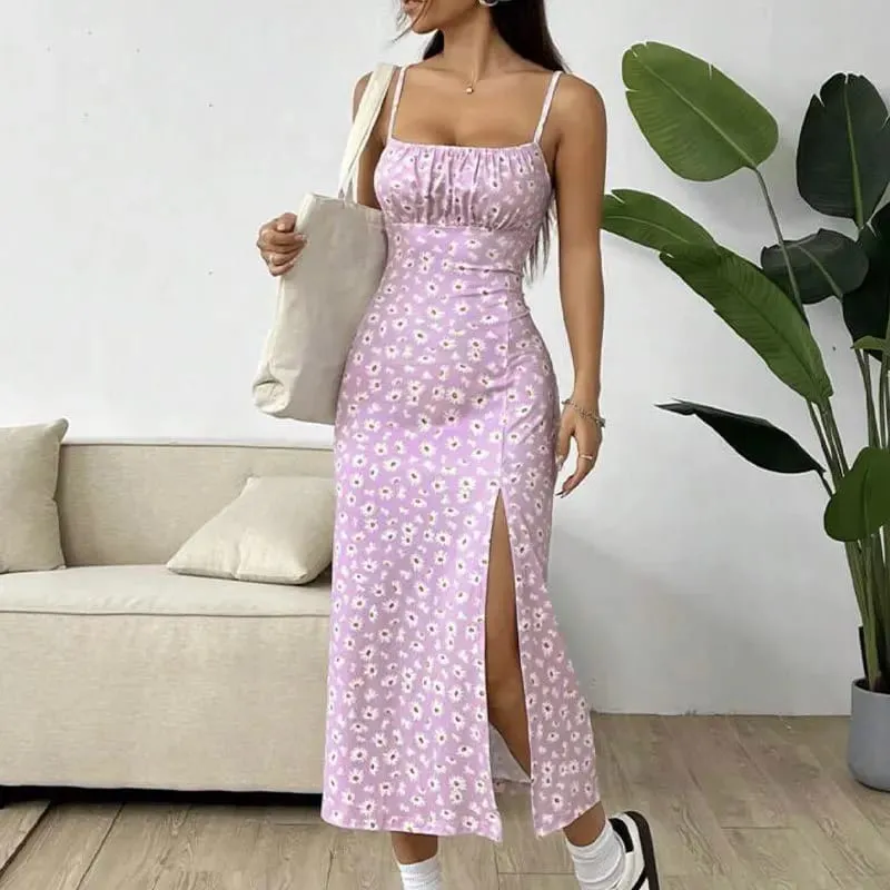 Y2K Elegant Women's Clothing SummerTrend Flower Print Spaghetti Strap Sleeveless with High Slit Ladies Bodycon Vintage Dresses