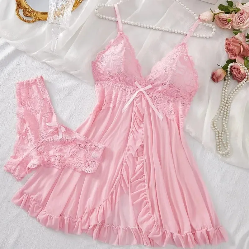 Women's Sexy Lace V-Neck Babydoll Lingerie Set 2 Piece Soft Nightdress with Panty Sleepwear for Honeymoon S-XL — image 2