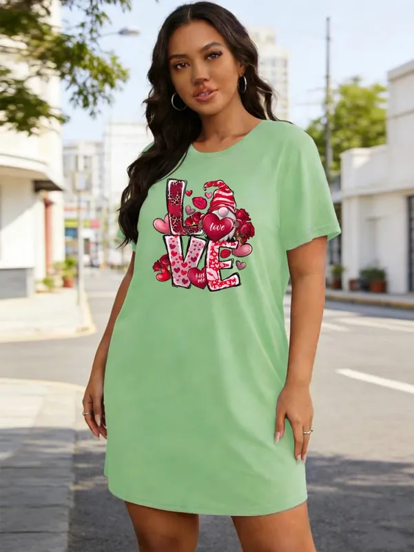 Women's Stylish Casual Plus-Size Design Heart-Shaped and Letter Print T-Shirt Dress - Casual Round Neck Stretch Fabric Machine — image 3