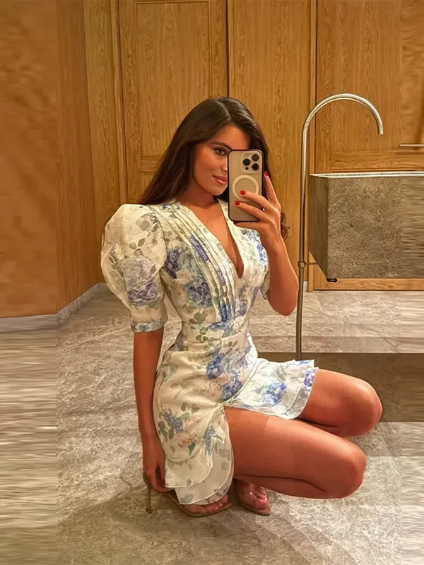 Floral Print Side Split V-Neck Mini Dresses Slim Fitwaist Cinching Puff Sleeve 2026 Summer Elegant Women Party Sweet Vestidos