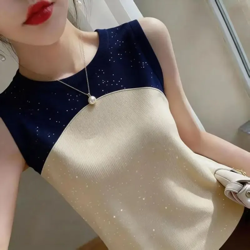 Sleeveless O-neck Contrast Patchwork Plus Size Elegant Tanks Summer Ice Silk Slim Vintage T Shirts Fashion Trend Women Clothing — image 3