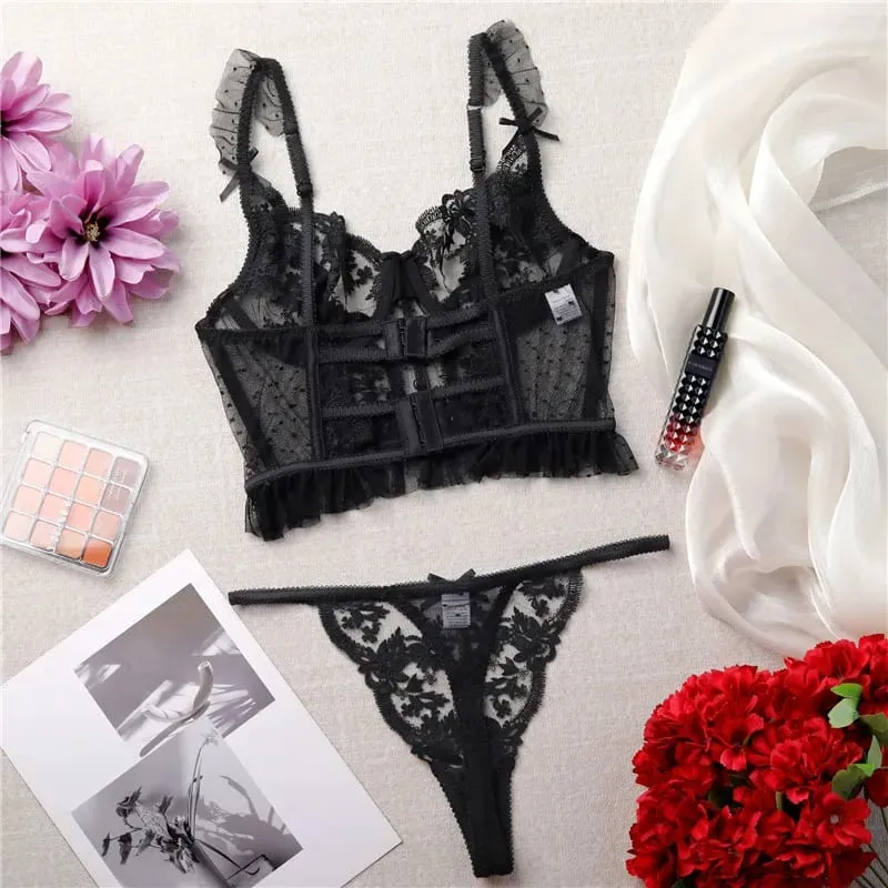 Sexy Bra Brief Set Ruffles Dot Lingerie Embroidery Flowers Solid Panties Underwear Lace Two Back Closure Intimate Exotic Sets