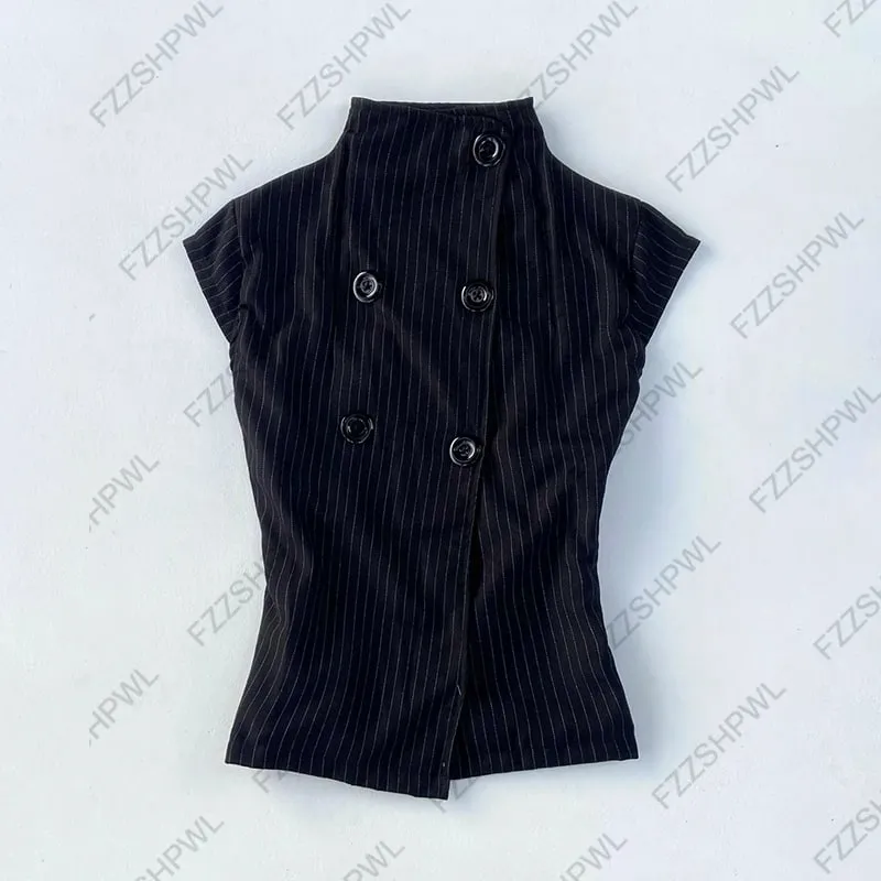 Button Harajuku Y2k Tank Top Stripe Graphic Print Punk Crop top Streetwear Rock Goth Vest Subculture Spicy Girls Sleeveless Top