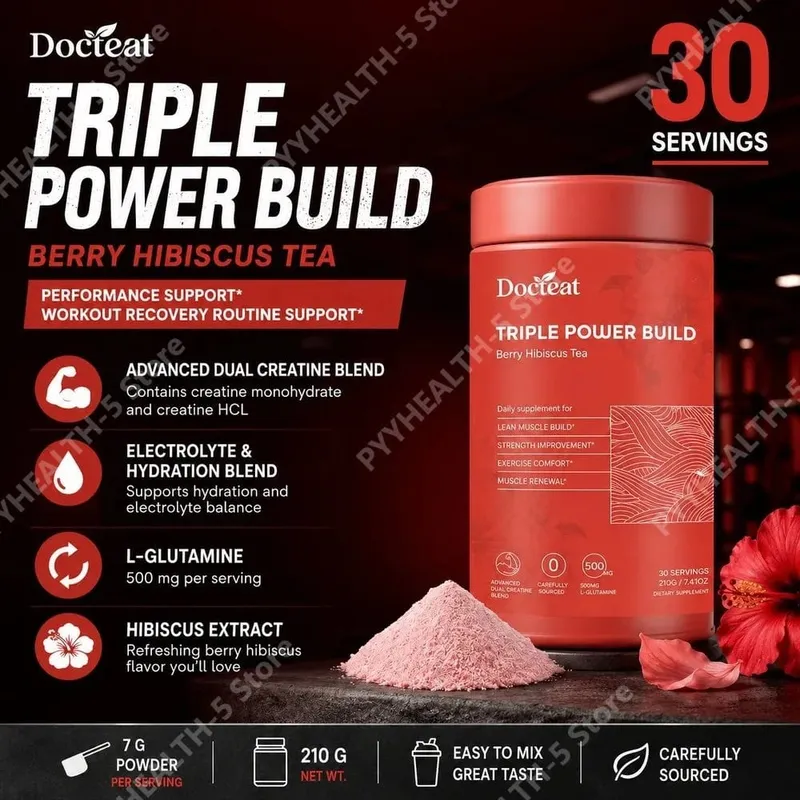 Docteat Berry Hibiscus Tea Creatine Powder with Creatine HCL and L-Glutamine Supports Hydration and Electrolytes 30 Servings — image 2