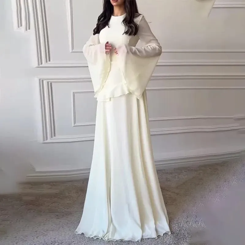 Women Chiffon Solid Ruffled Dress Flare Sleeve Round Neck 2025 New Elegant Maxi Gown Evening Party Fashion Holiday Lady