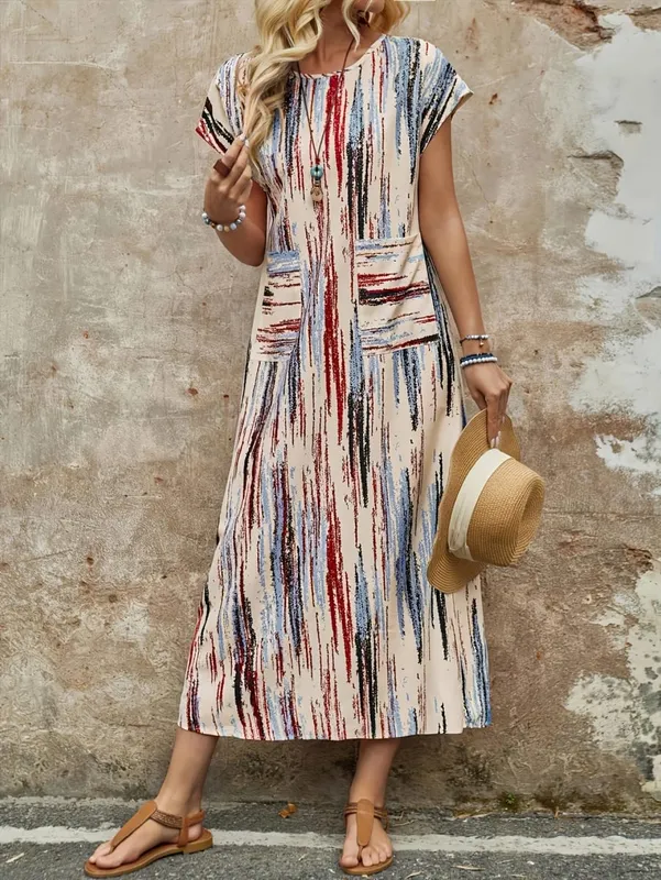 Elegant Directional Round-Neck Double Pocket Colored Stripe Long Summer Dress — image 5
