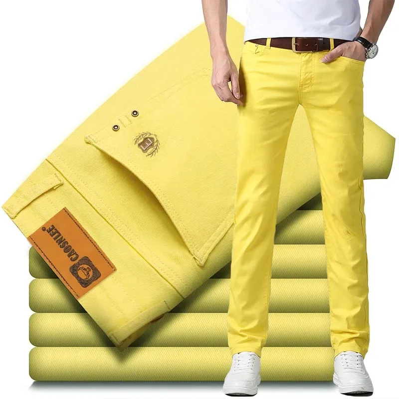 Elastic Cotton Slim Jeans Men Spring Korean Fashion Comfortable Casual Straight Leg Business Denim Trousers Yellow Pink Red — image 2