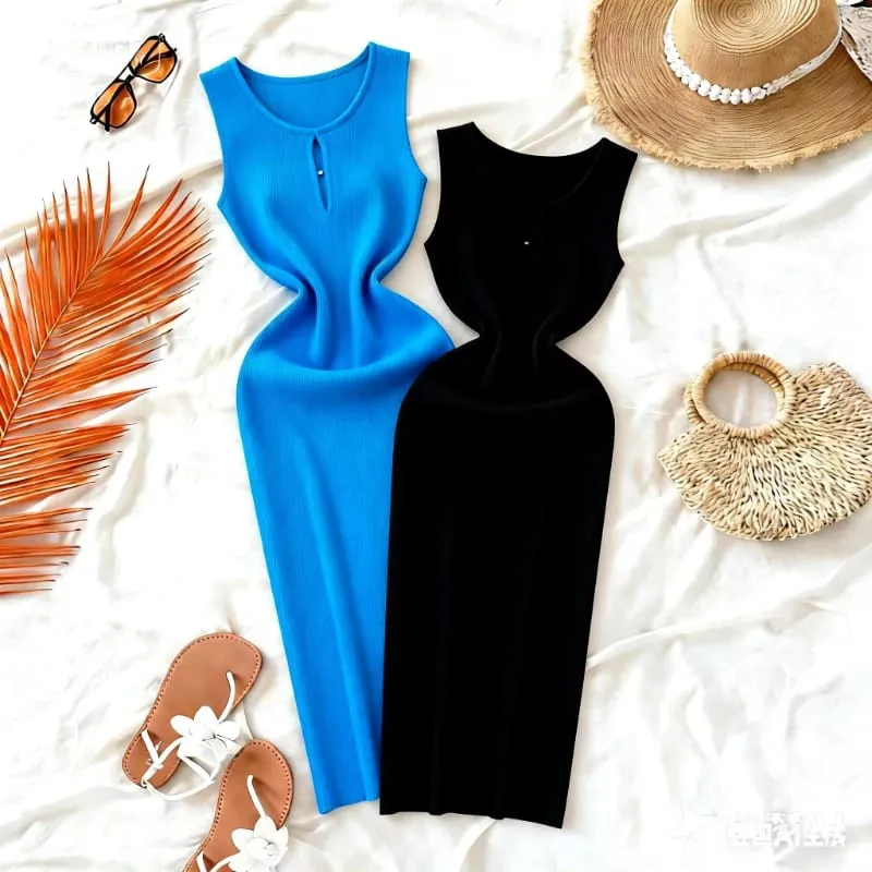 Women's Solid Summer Blue Pink Midi Dress Sleeveless Stretchy Knit Ribbed Keyhole Cutout Bodycon Sundress Party Vacation Dress — image 2
