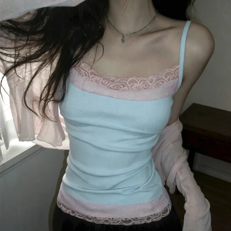Sexy Lace Trim Patchwork Camisole Y2K Sleeveless Spaghetti Straps Cami Tops Summer Vacation Clothes Women Tank Coquette — image 3