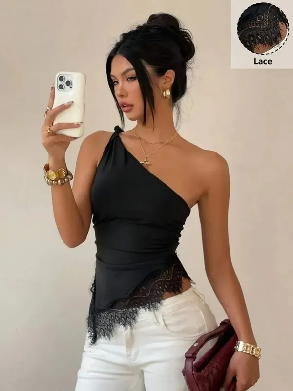 Women Black Lace Patchwork Twist Knot One Shoulder Top Summer Casual Y2K Street Style Backless Ruched Slim fit Crop Top