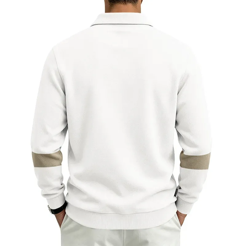 Men Lapel Polo Sweatshirt, Color Block Long Sleeve Pullover, Loose Solid Casual Top for Spring Autumn Daily Outfit
