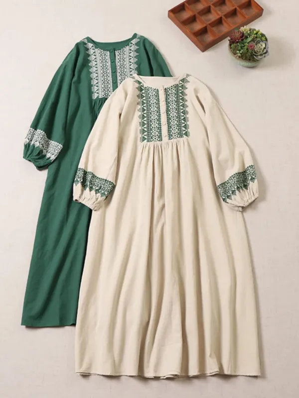 Ele Embroidered Cotton Lin Long Sve Dr Loose Fit A-Line Silhouette Maxi Skirt for Autumn Season Women's Faion — image 2