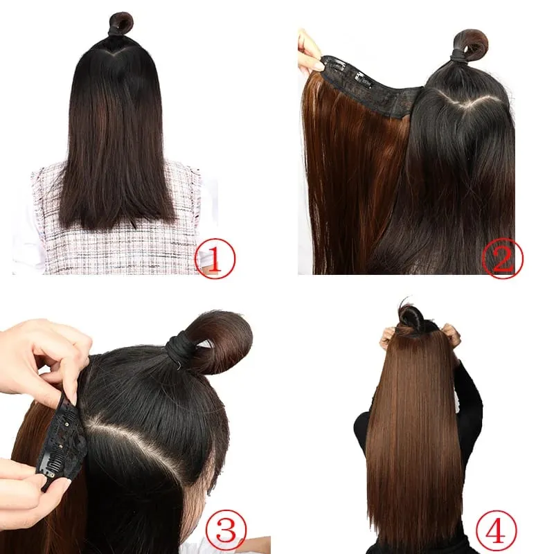 24Inch Synthetic 4-Clip V-Shaped Long Straight Hair Extension One Piece Heat-Resistant Fiber Hairpiece for Women Daily Use — image 6