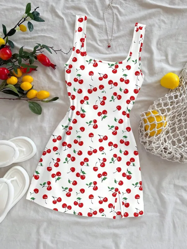 Women's Sexy Vacation Style U-Neck Cherry Print Open Back Side Slit Mini Dress for Spring/Summer — image 3