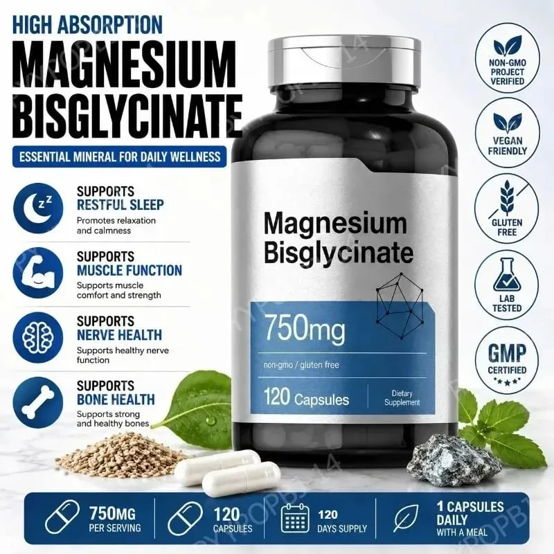Magnesium Bisglycinate 750mg Capsules Supports Relaxation Muscle Comfort Bone Health 120 Capsules Non GMO Gluten Free — image 1
