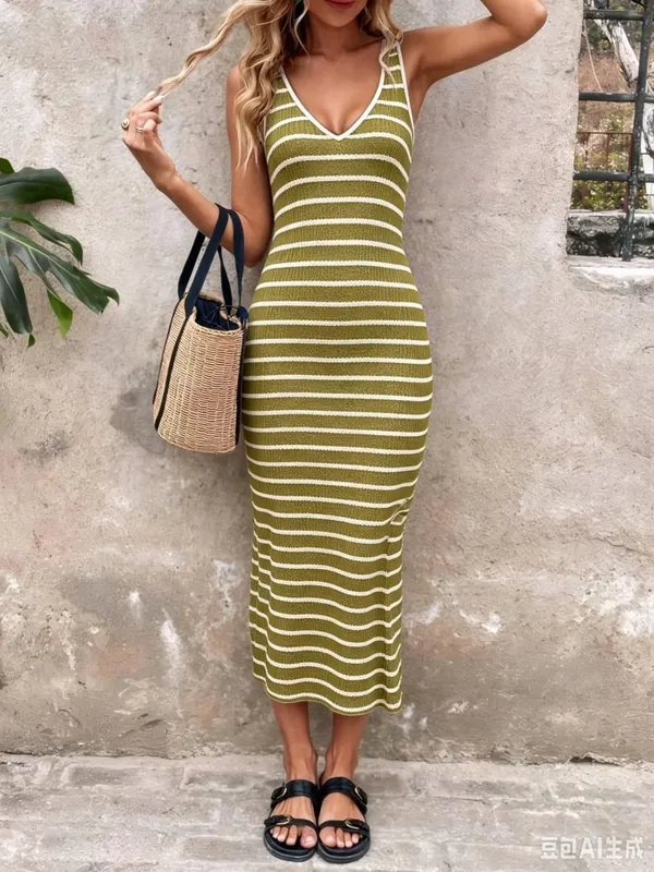 V Neck Striped Knit Midi Dress For Women Sleeveless Side Split Bodycon Long Dress Summer Casual Elegant Tank Dresses — image 6