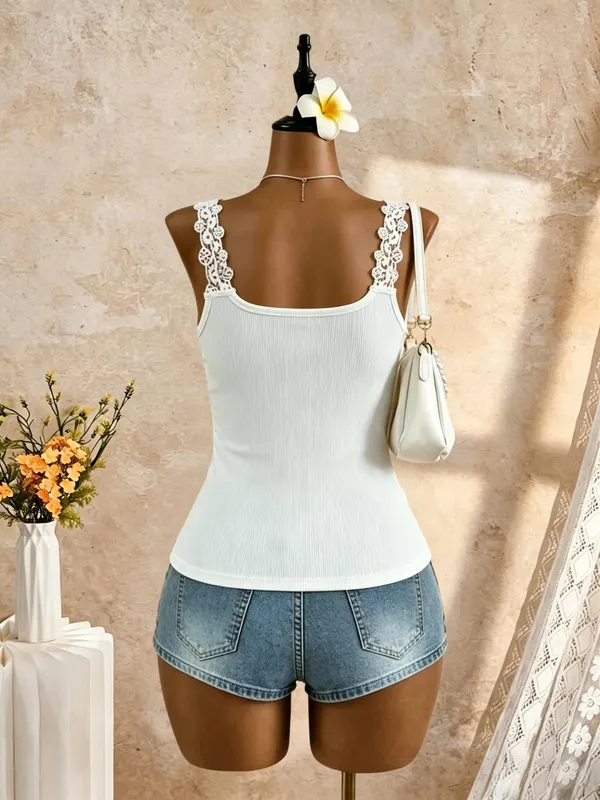 2 Pcs Women Lace Trim Spaghetti Strap Tank Top Ribbed Knit Square Neck Slim Fit Solid White Black Casual Cami Vest — image 2