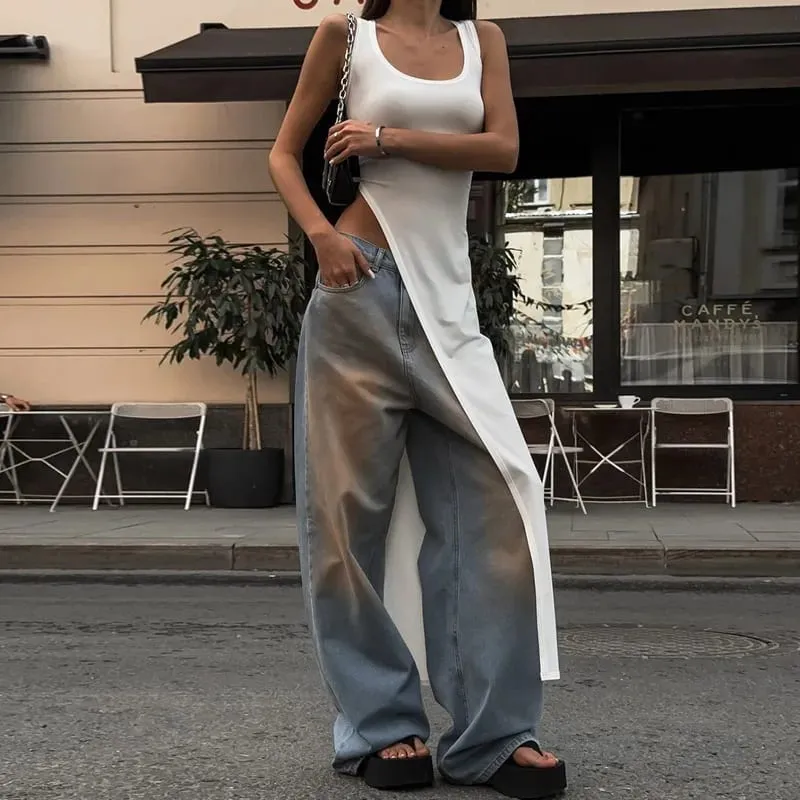 Sexy sleeveless side high slit dress solid color back free women's MIDI dress summer party club streetwear y2k