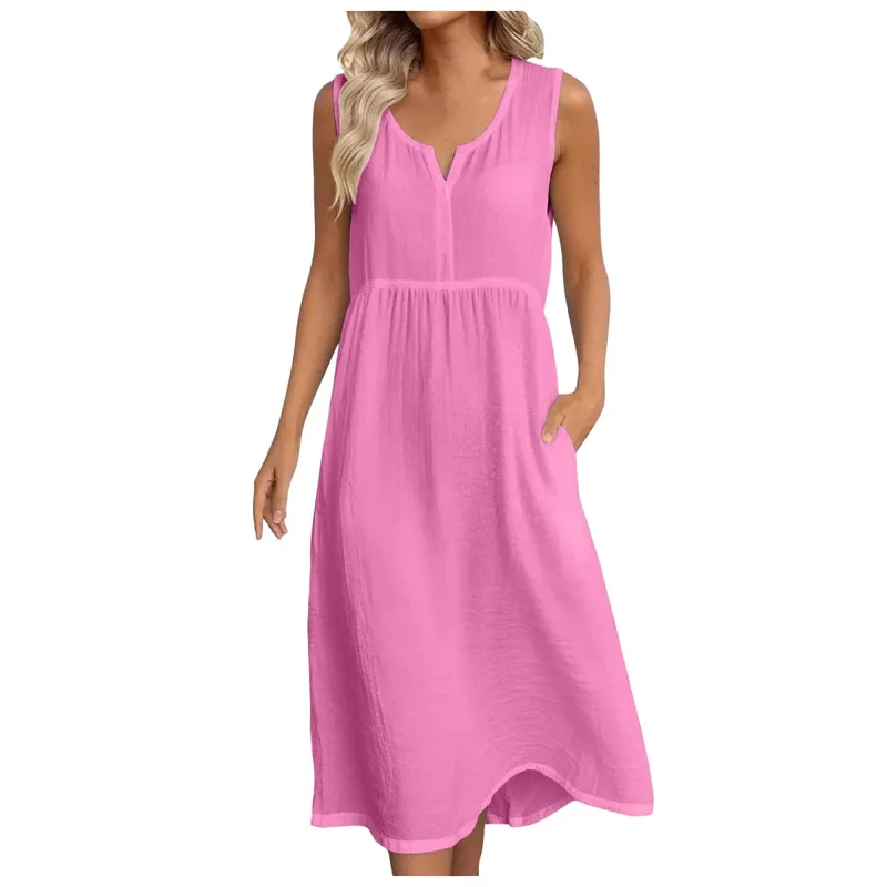 Womens Cotton Linen Midi Dresses Sleeveless Loose Comfy Beach Dress With Pockets Solid Color Casual Holiday Party Sundress