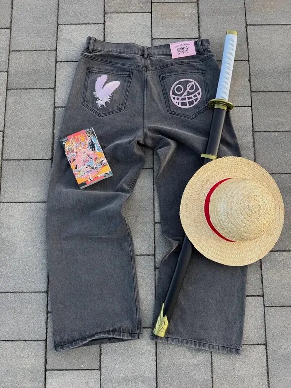 2026 Japanese style high street patchwork embroidered jeans men's goth Harajuku fashion wide leg jeans y2k retro casual pants — image 8